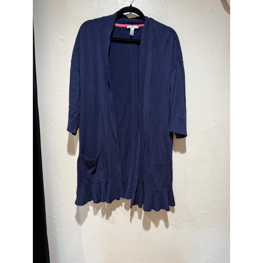 Isaac Mizrahi Live Navy Blue Ruffle Hem Open Front Cardigan Sweater Large L